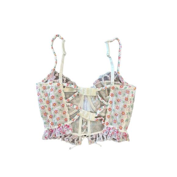 For Love & Lemons Blooms Bustier White Pink Floral Embroidered Lace Size 36D - Picture 7 of 16